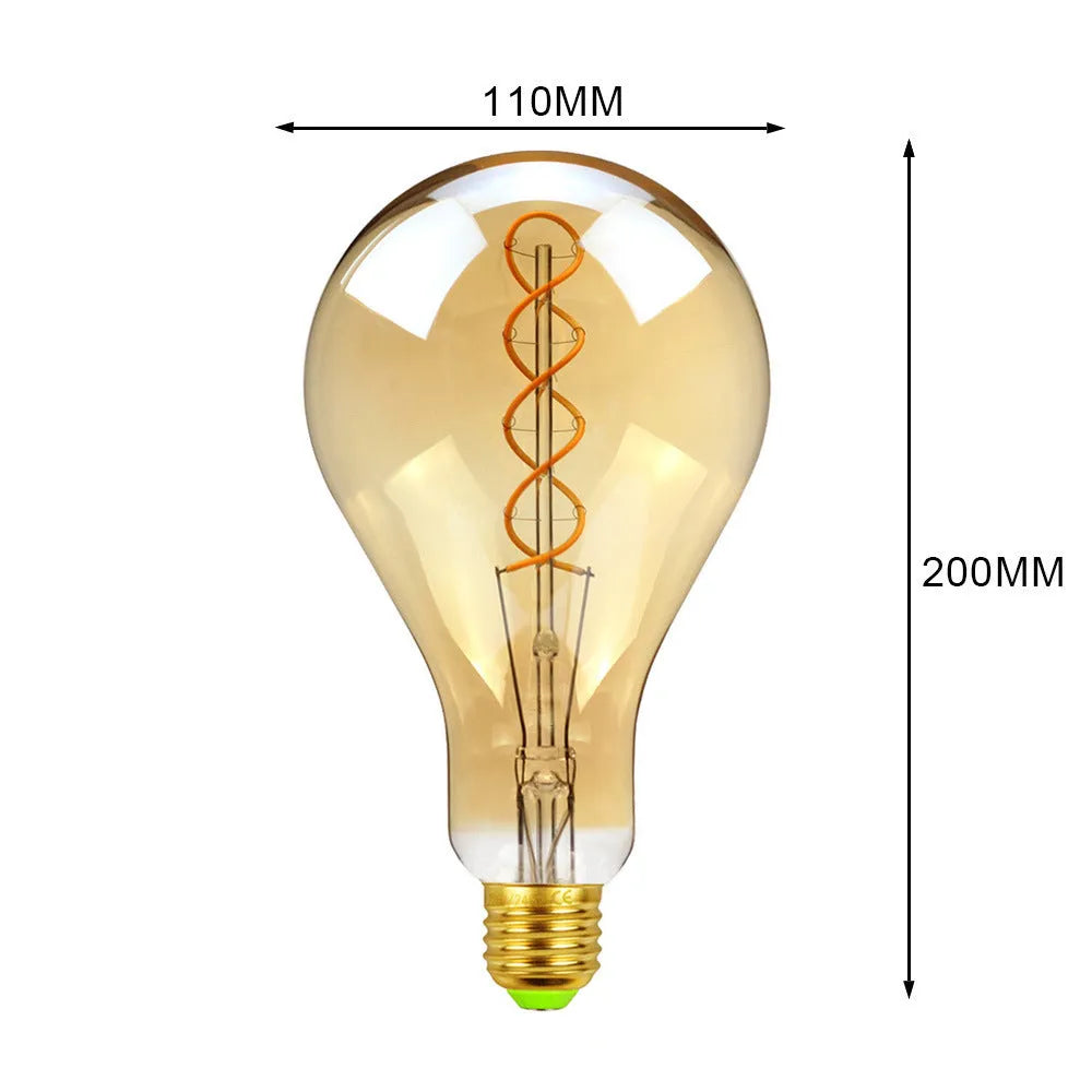 Double helix LED filament bulb in gold finish with spiral design visible through glass housing