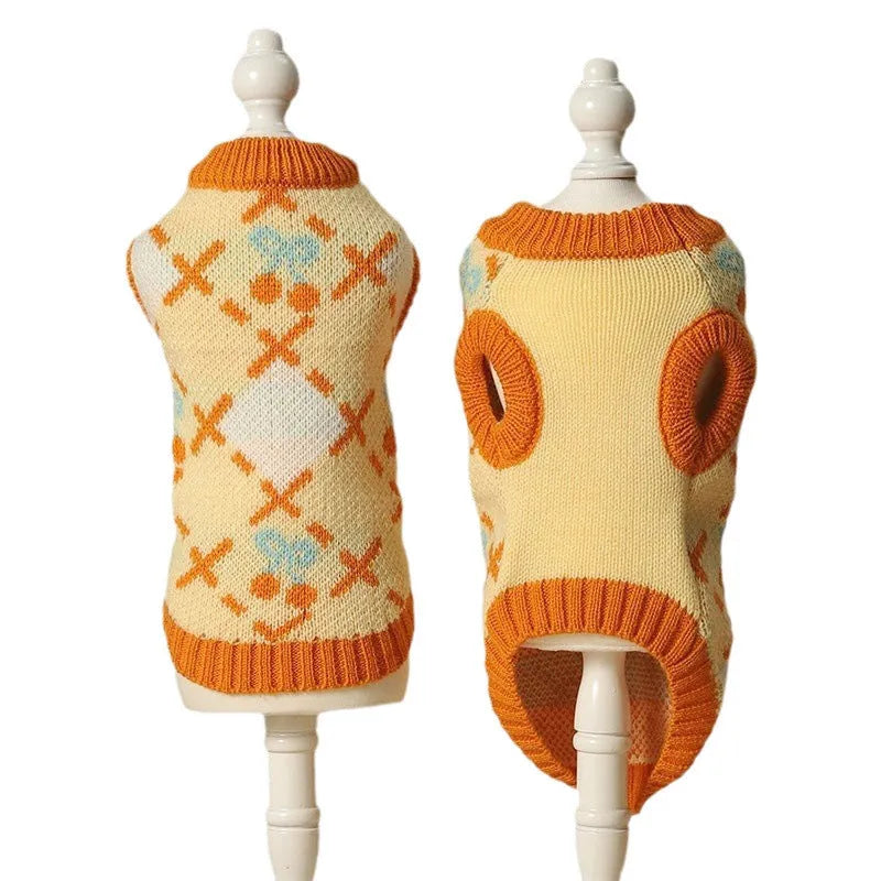 Orange diamond cherry fleece cat sweater for autumn and winter