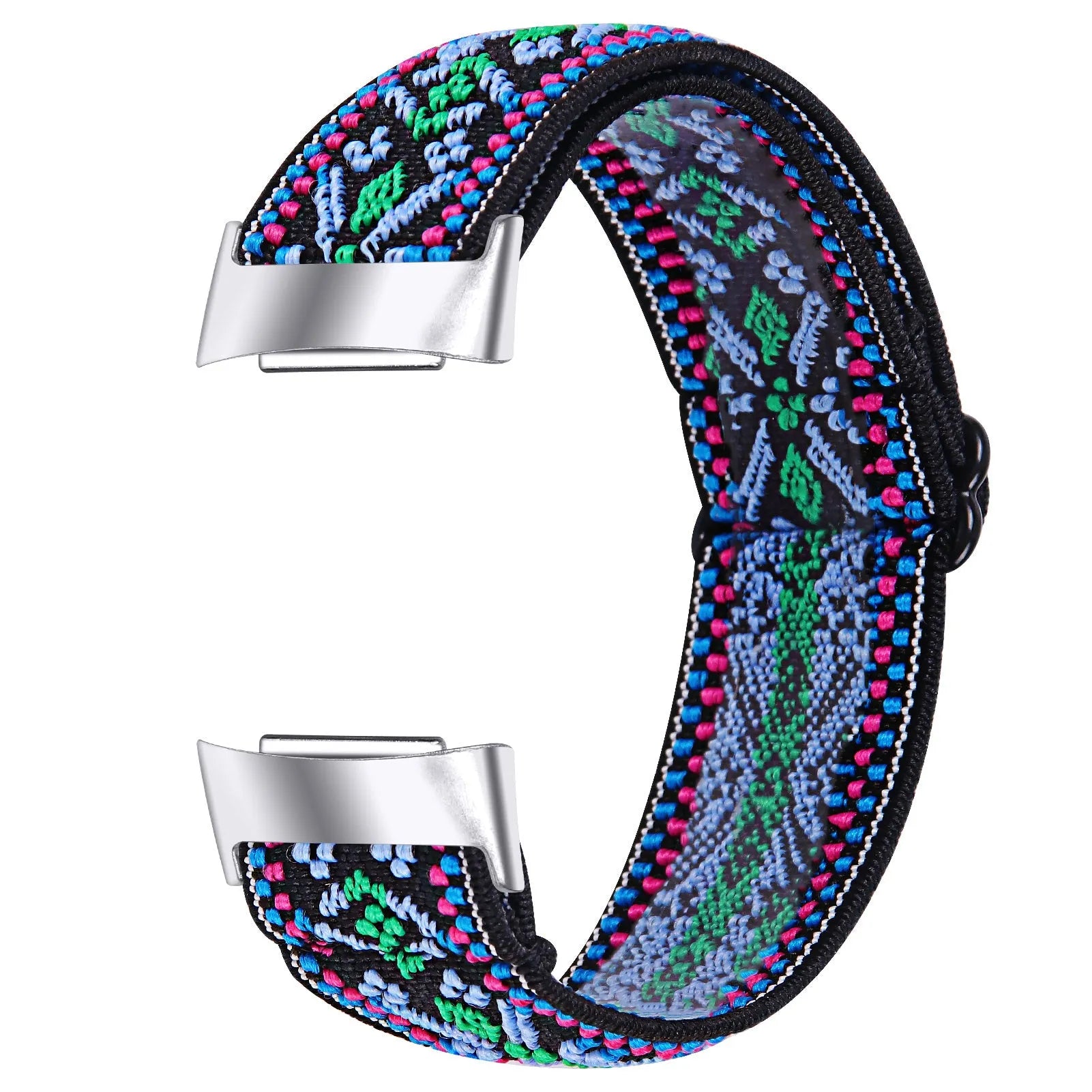 Printed elastic replacement watch strap compatible with Fitbit Charge 6, shown in an adjustable length.