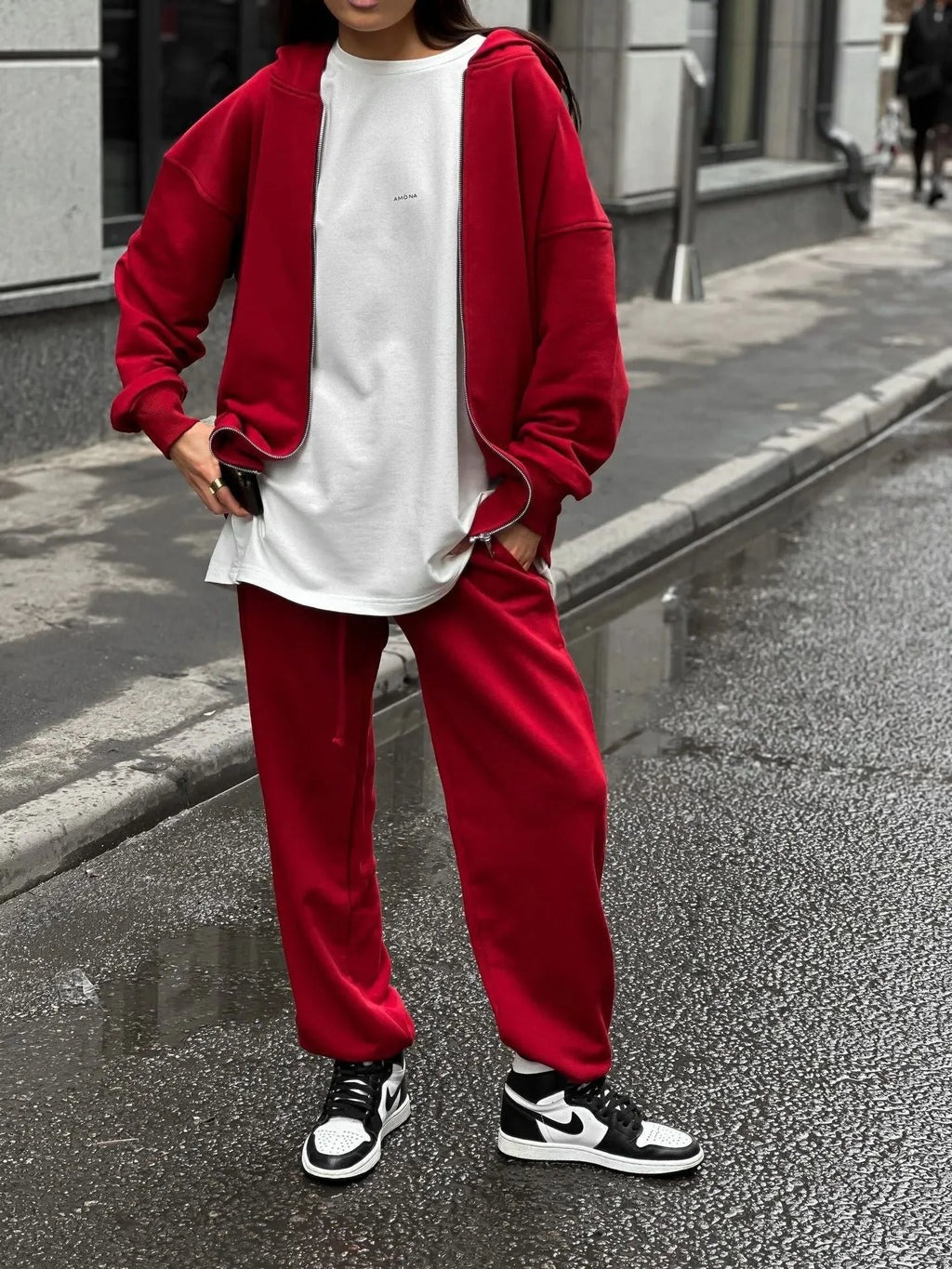 Street style long-sleeved coat and trousers two-piece set in solid colour with loose fit design
