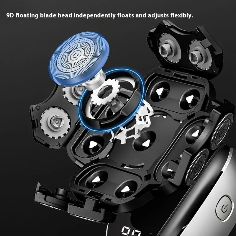 Black 6-in-1 rechargeable hair clipper and shaver kit with attachments including lifting combs, laid out on a surface.