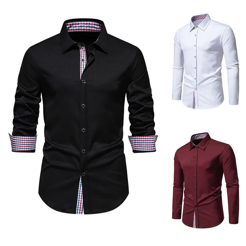 Men's loose fit plaid long-sleeved shirt in chemical fibre blend fabric available in white, black and wine red colours
