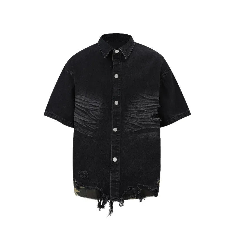 Leopard print denim matching set with short sleeve top and shorts featuring raw cut edge stitching