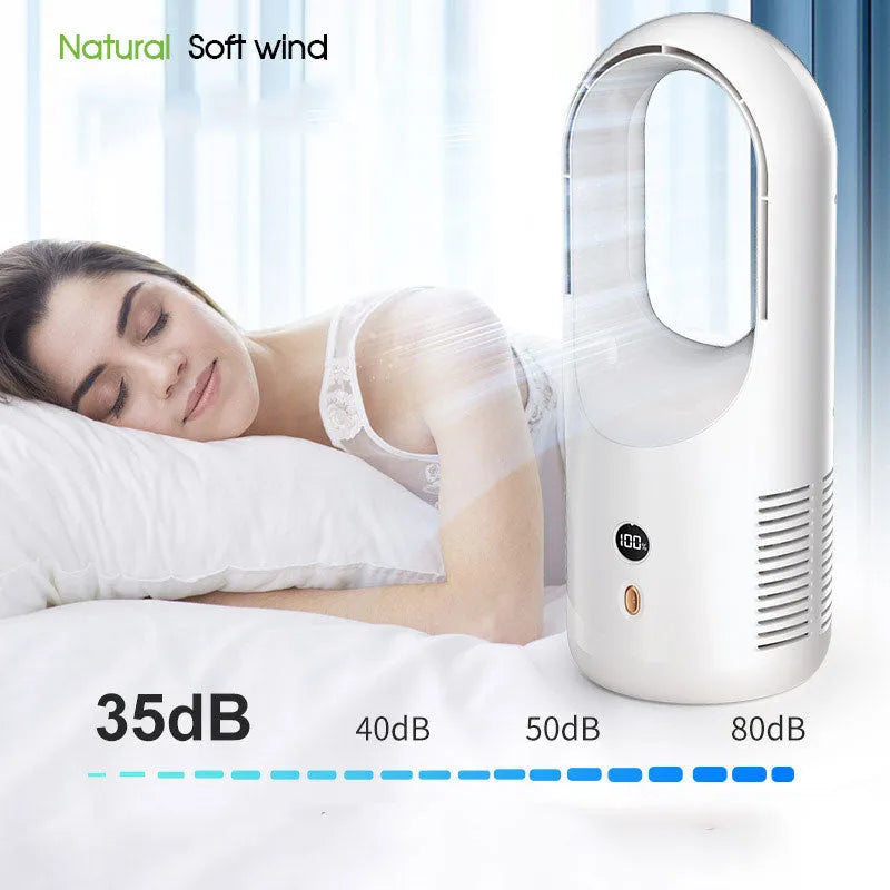 X28 bladeless desk fan showing LED display and 360-degree vent, with USB charging cable.