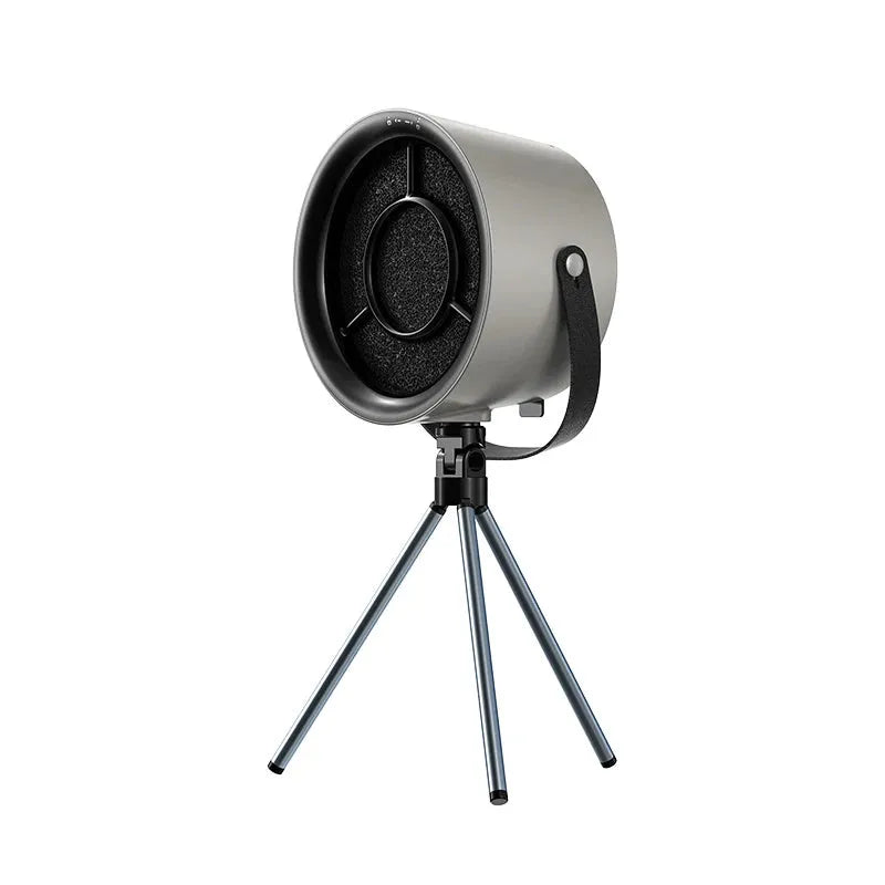 Milky white portable desktop exhaust fan with USB cable and removable filter on tripod stand