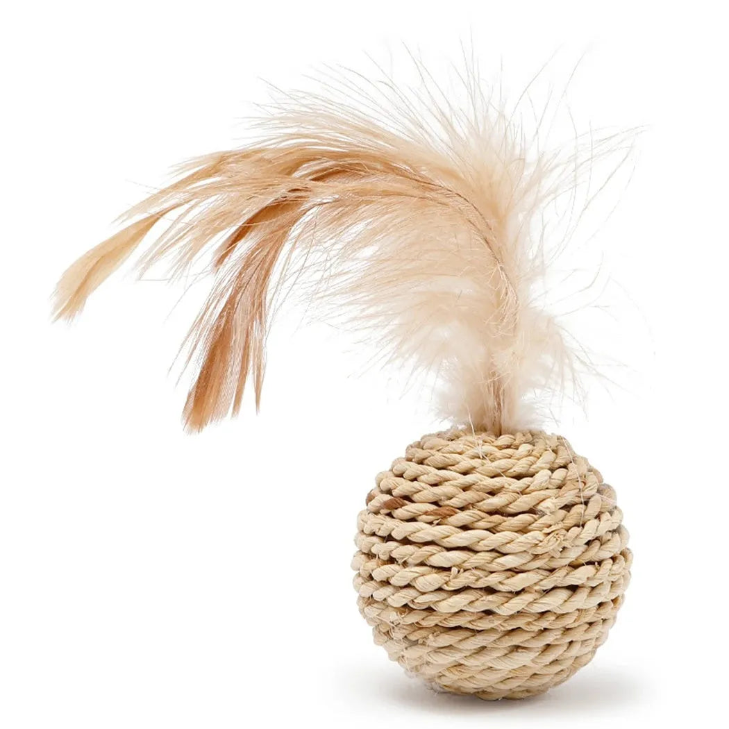 Two cat toys: natural rattan ball with bell and colourful faux feather ball for interactive pet play