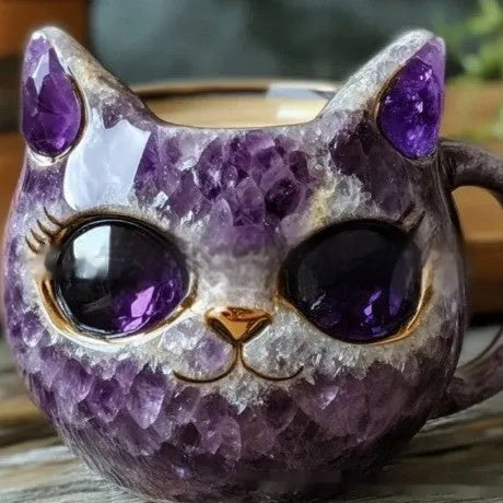 Purple geode crystal cat design resin mug for drinks on a wooden table.