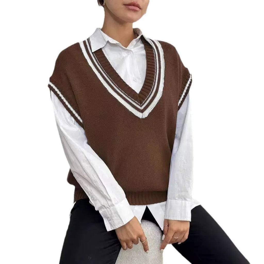 Women's loose fit college style wool vest sweater in black, blue, and coffee colour options