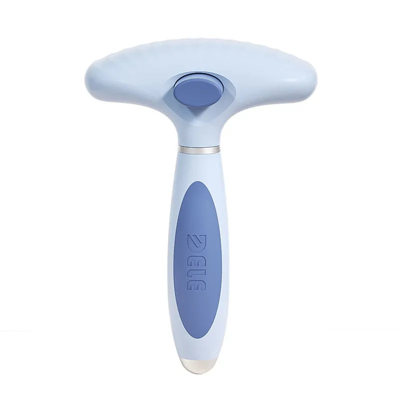 Stainless steel double row dog grooming comb in azure light blue on a white background.