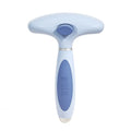 Stainless steel double row dog grooming comb in azure light blue on a white background.
