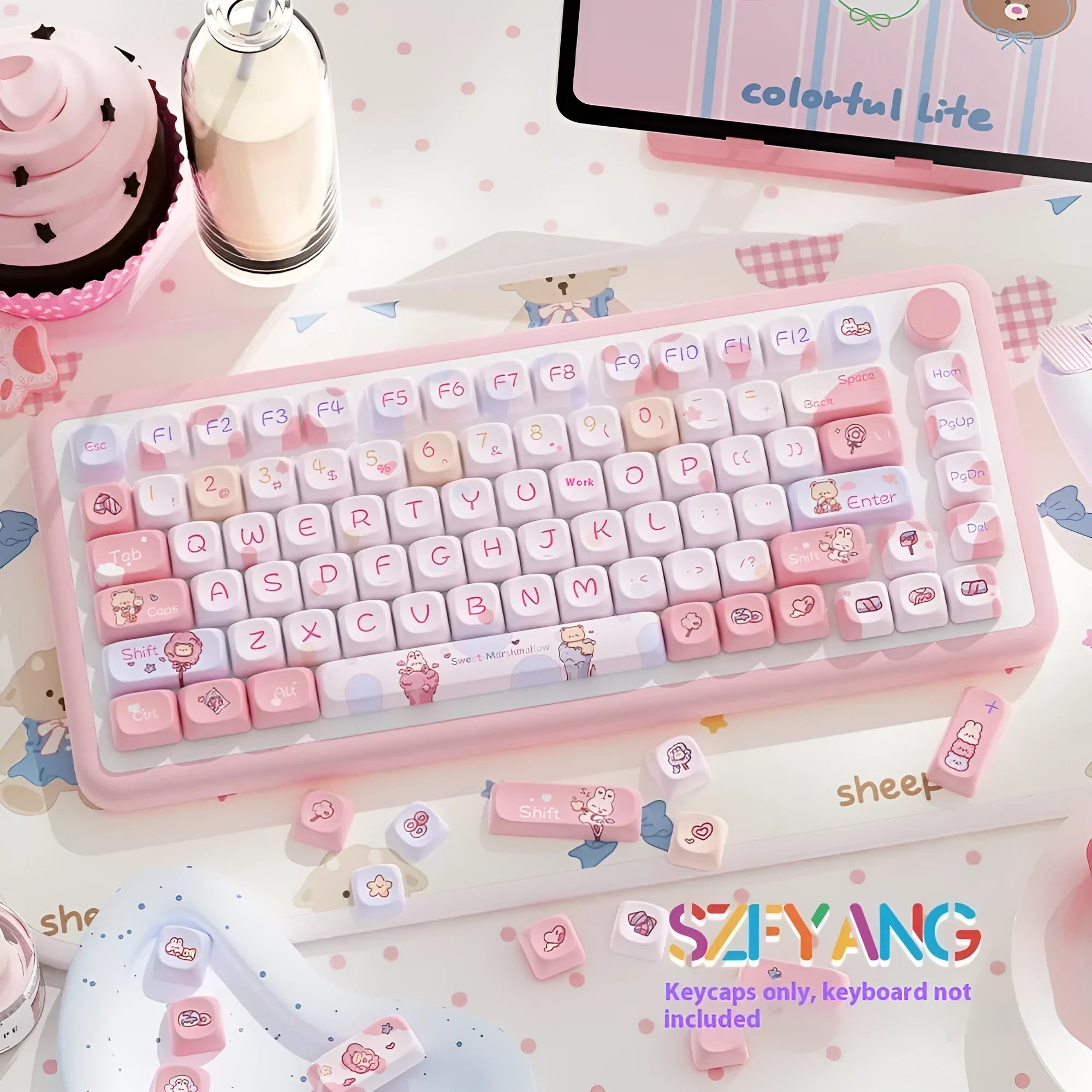 Sweet Cotton Candy coloured mechanical keyboard keycaps arranged in 112-key and 120-key sets