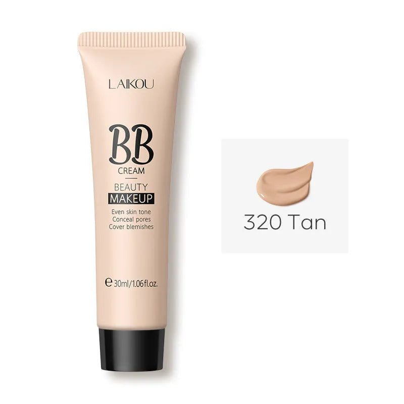30ml tube of BB cream makeup shown with nine shade options from light to dark.