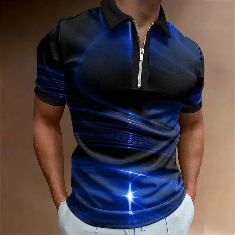 Men's blue loose fit short sleeve zipper polo shirt made from bird eye cloth.