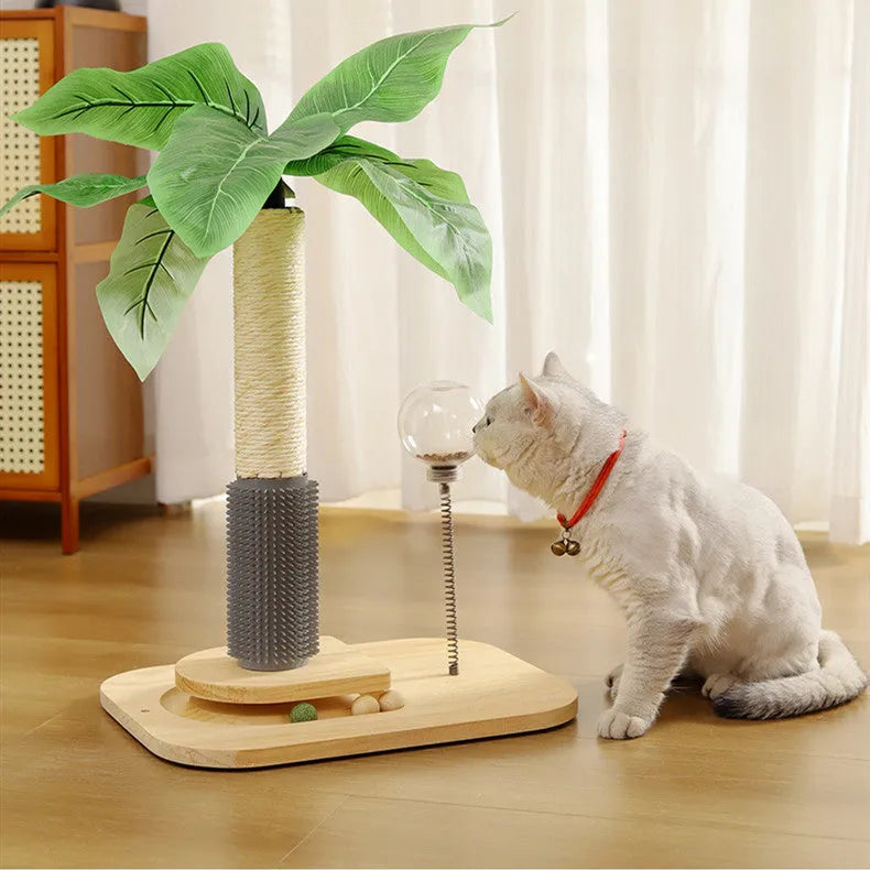 Vertical solid wood cat scratching post in a canna colour with a textured scratching surface.