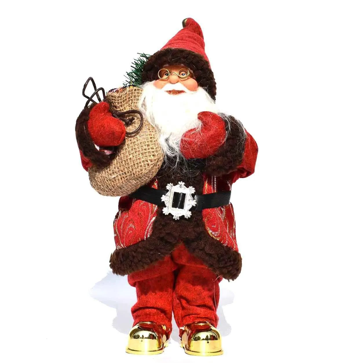 30cm Christmas doll ornament with plastic and cloth construction in red and silver sequins and snowman designs