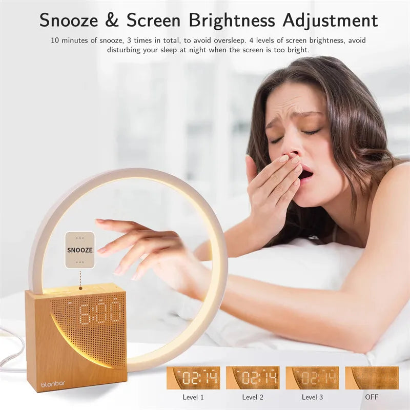Navy blue touch control bedside lamp with digital alarm clock display and natural sounds functions.
