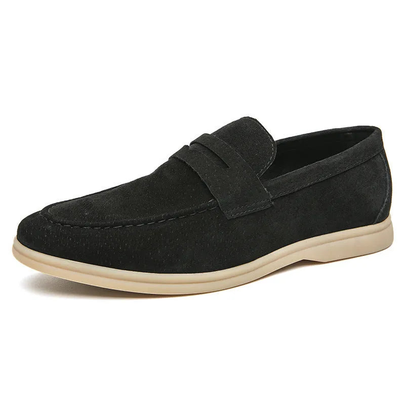 Men's beige slip-on shoes with cowhide leather upper and round toe design