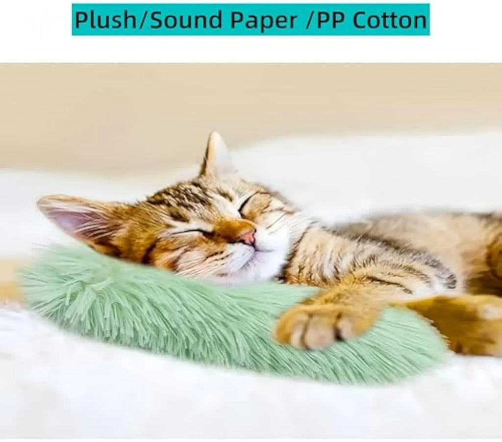 Interactive plush cat toy with crinkle sound mechanism and natural catnip filling in multiple colour options
