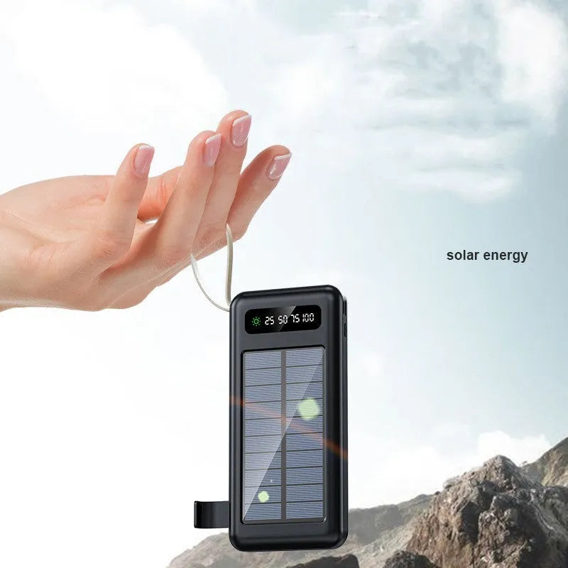 Solar power bank in black or white with polymer lithium ion battery showing capacity options of 20000mA or 30000mA