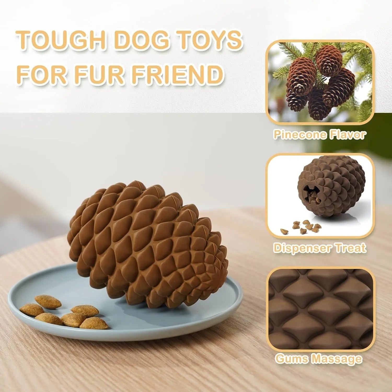 Natural rubber pine cone shaped dog toy with treat dispenser for medium and large dogs