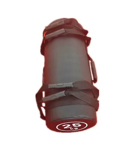 White PVC training sandbag for fitness and weight lifting, shown with weight options from 5KG to 30KG.