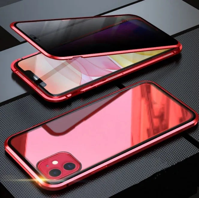 Black double-sided glass magnetic clamshell iPhone case showing front and back tempered glass protection