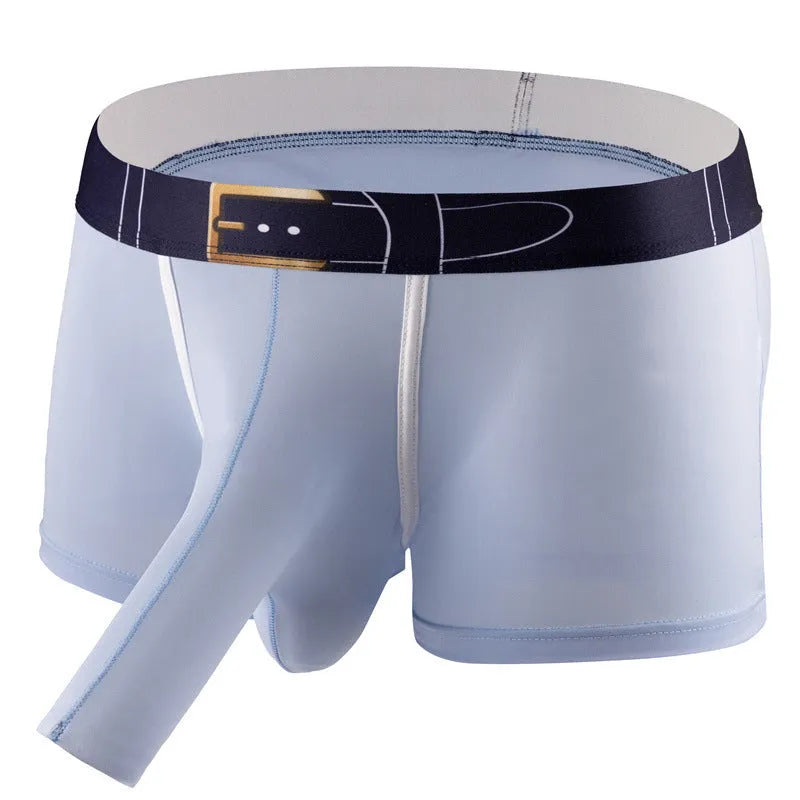 Men's solid colour Ice Silk boxer shorts laid flat, showing mid-waist design in one of six available colours.