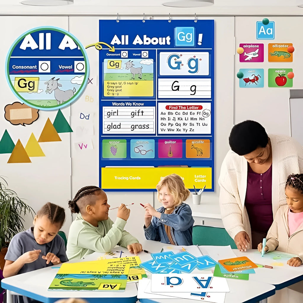 Large blue alphabet learning chart with slots for cards, surrounded by word, letter, and picture cards for children's education.