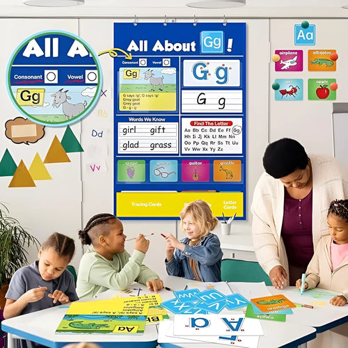 Large blue alphabet learning chart with slots for cards, surrounded by word, letter, and picture cards for children's education.