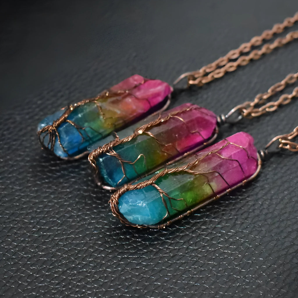 Stone crystal pillar tree of life pendant necklace with adjustable O-chain, rainbow and carnelian colour options