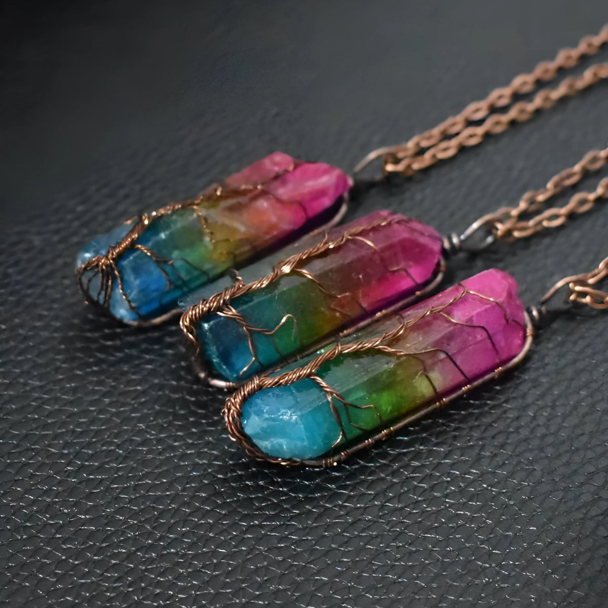 Stone crystal pillar tree of life pendant necklace with adjustable O-chain, rainbow and carnelian colour options