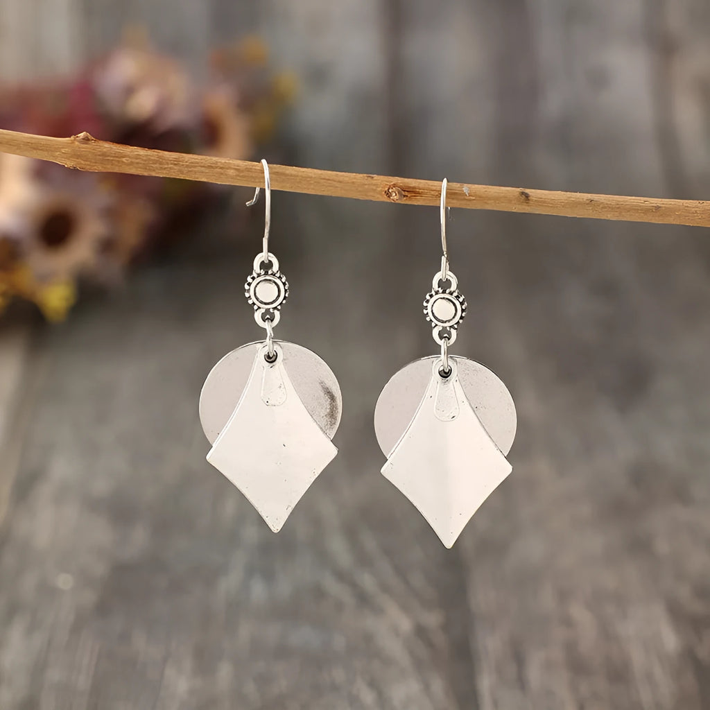 Silver geometric alloy earrings with layered retro design and round shape