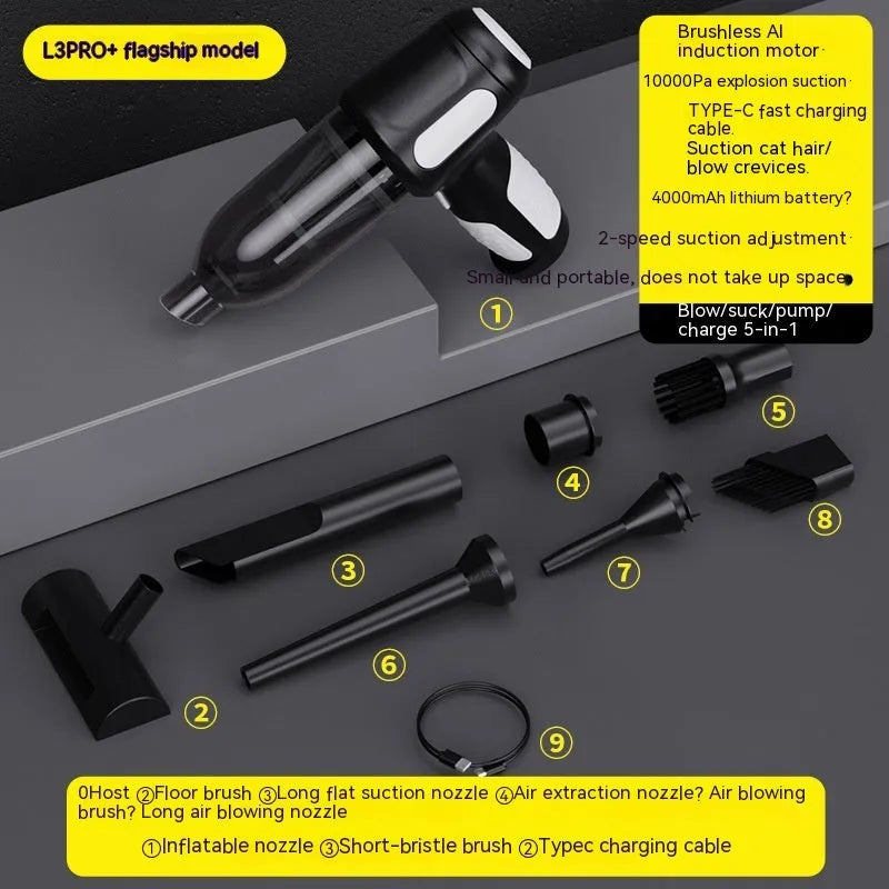 Black cordless handheld car vacuum cleaner with attached brush nozzle and charging cable.