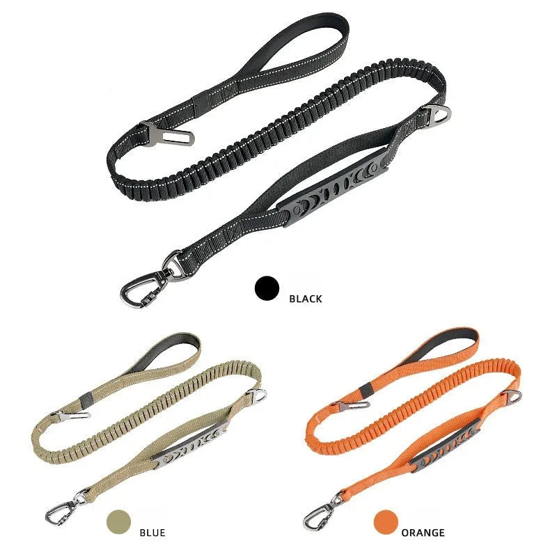 Black retractable reflective nylon traction belt for dogs with hand-held buffer grip