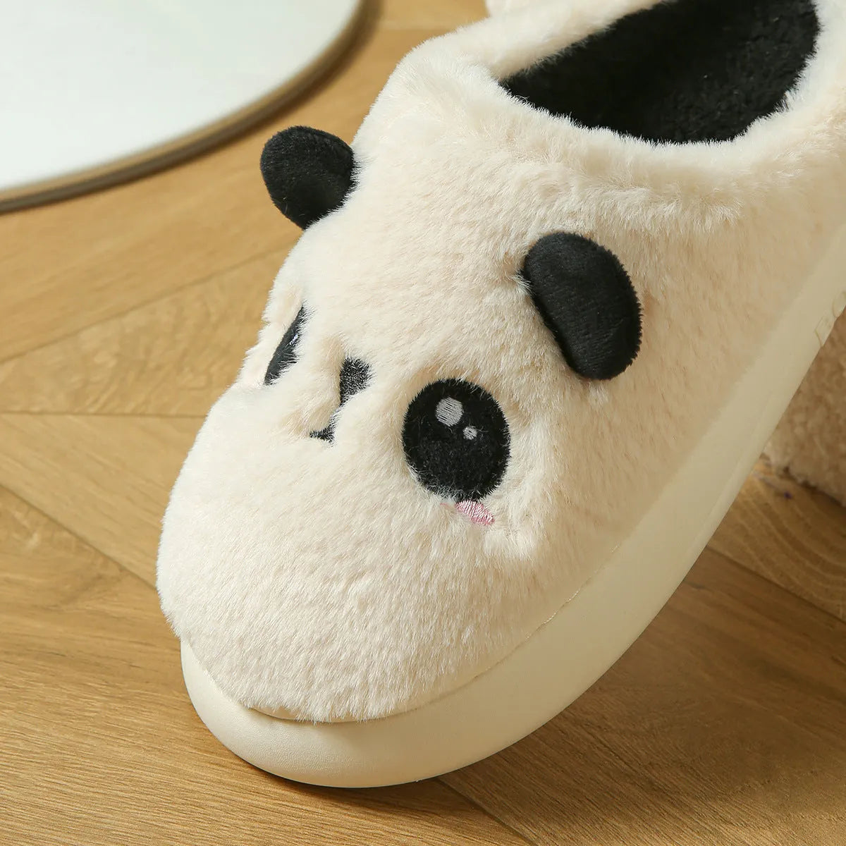 Panda-themed cotton and linen toe ring slippers for adults with a non-slip PVC sole.