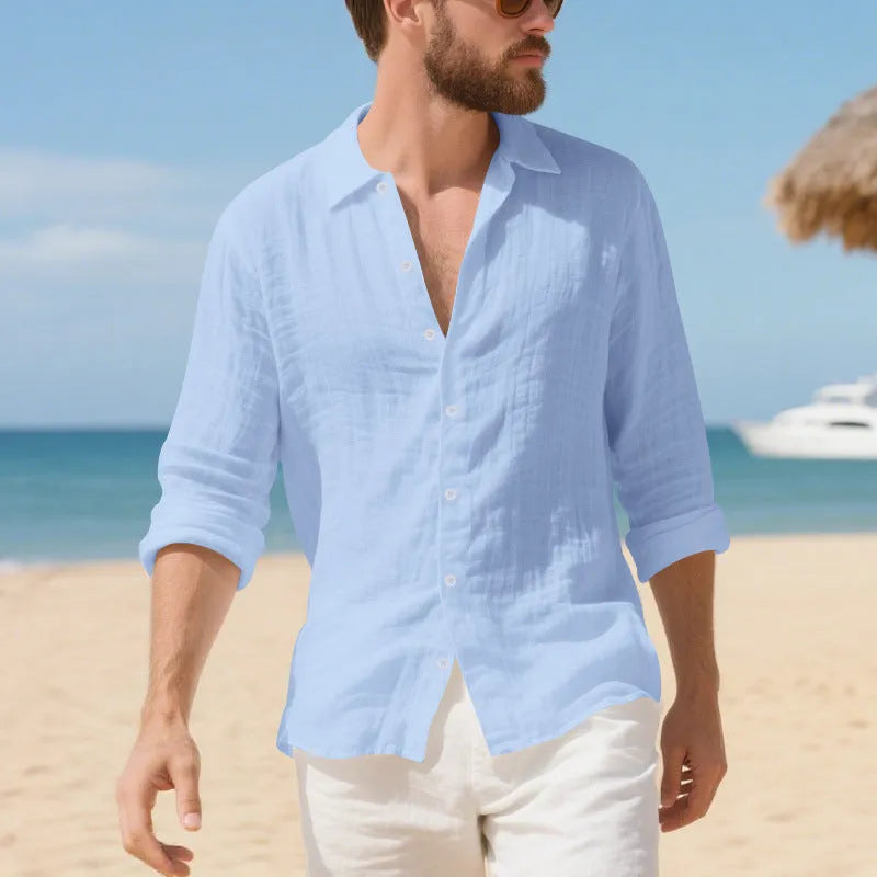 Men's loose fit linen casual shirt in light blue colour, showing non-ironing style.