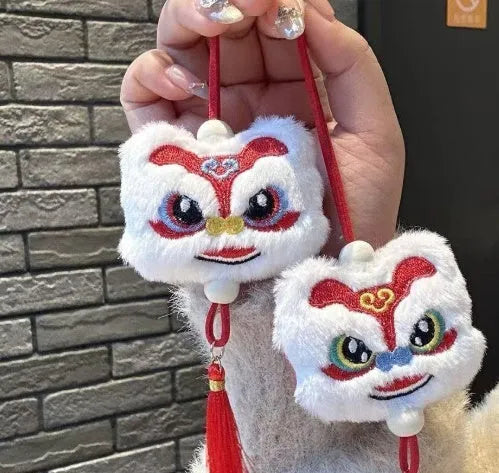 Blue and yellow Chinese style plush lion keychain ornament with tassels and star stone decoration