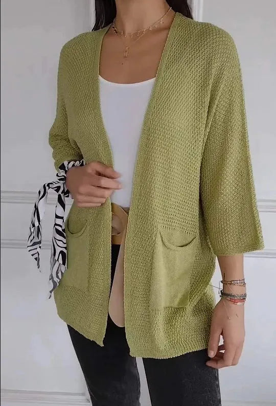 Womens waffle nine-quarter sleeve urban casual cardigan coat in army green with front pockets