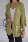 Womens waffle nine-quarter sleeve urban casual cardigan coat in army green with front pockets