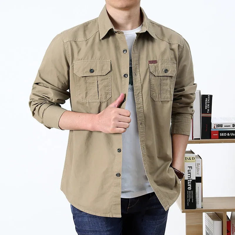 Men's cotton military-style loose fit long-sleeve shirt in army green, available in sizes M to 6XL
