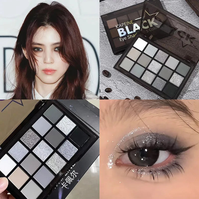 15-colour eyeshadow palette with shimmer and matte finishes in European smoky style with cartoon design