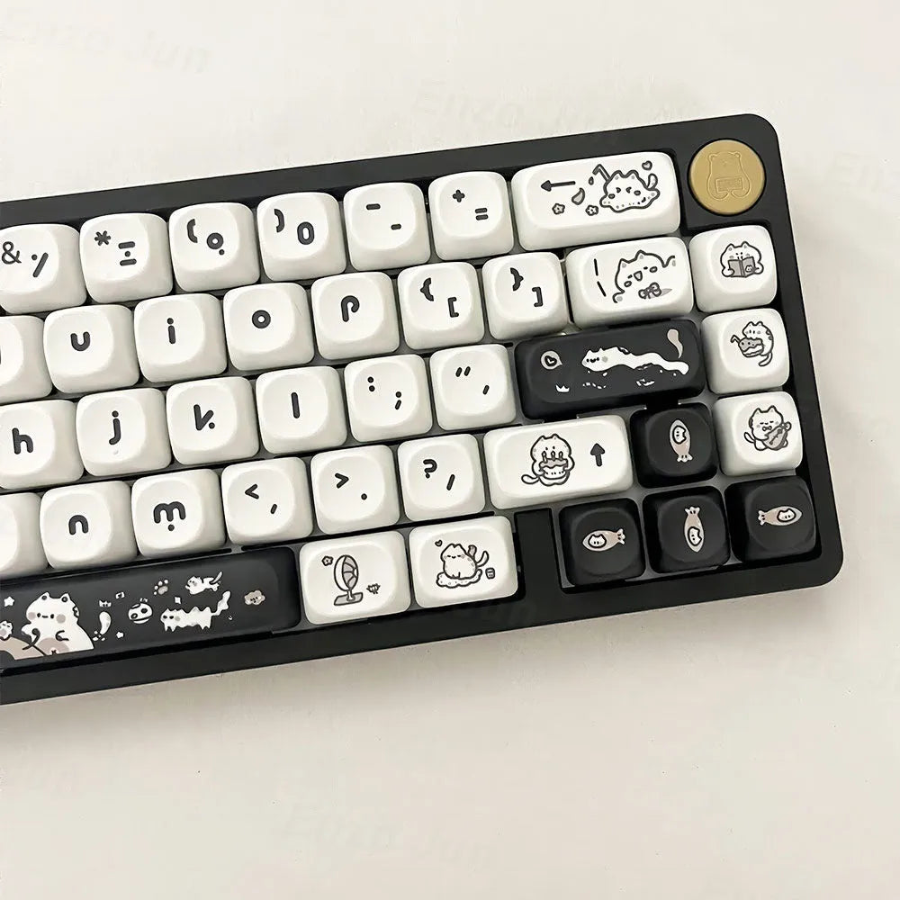 Kitten's Fantasy MOA height key cap set with black and white cat design on white background