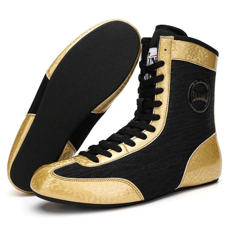 Black gold mesh professional boxing shoes with white leather accents and rubber sole