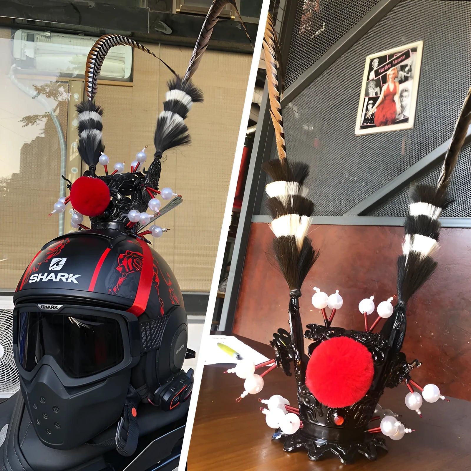 Motorcycle helmet with a gold crown and long feather decoration attached to the side.