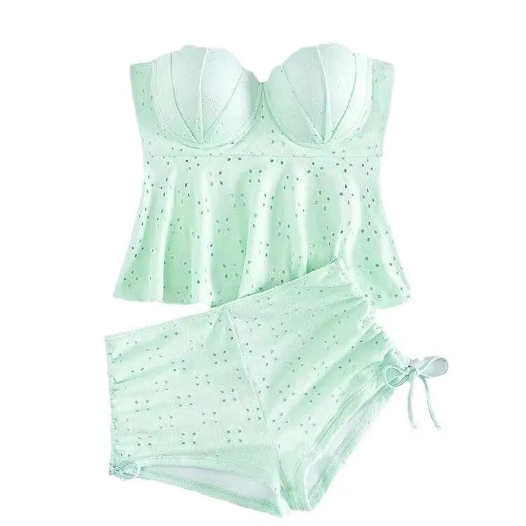 Women's solid colour bikini set in green with hollow shell hard bag and polyester lining