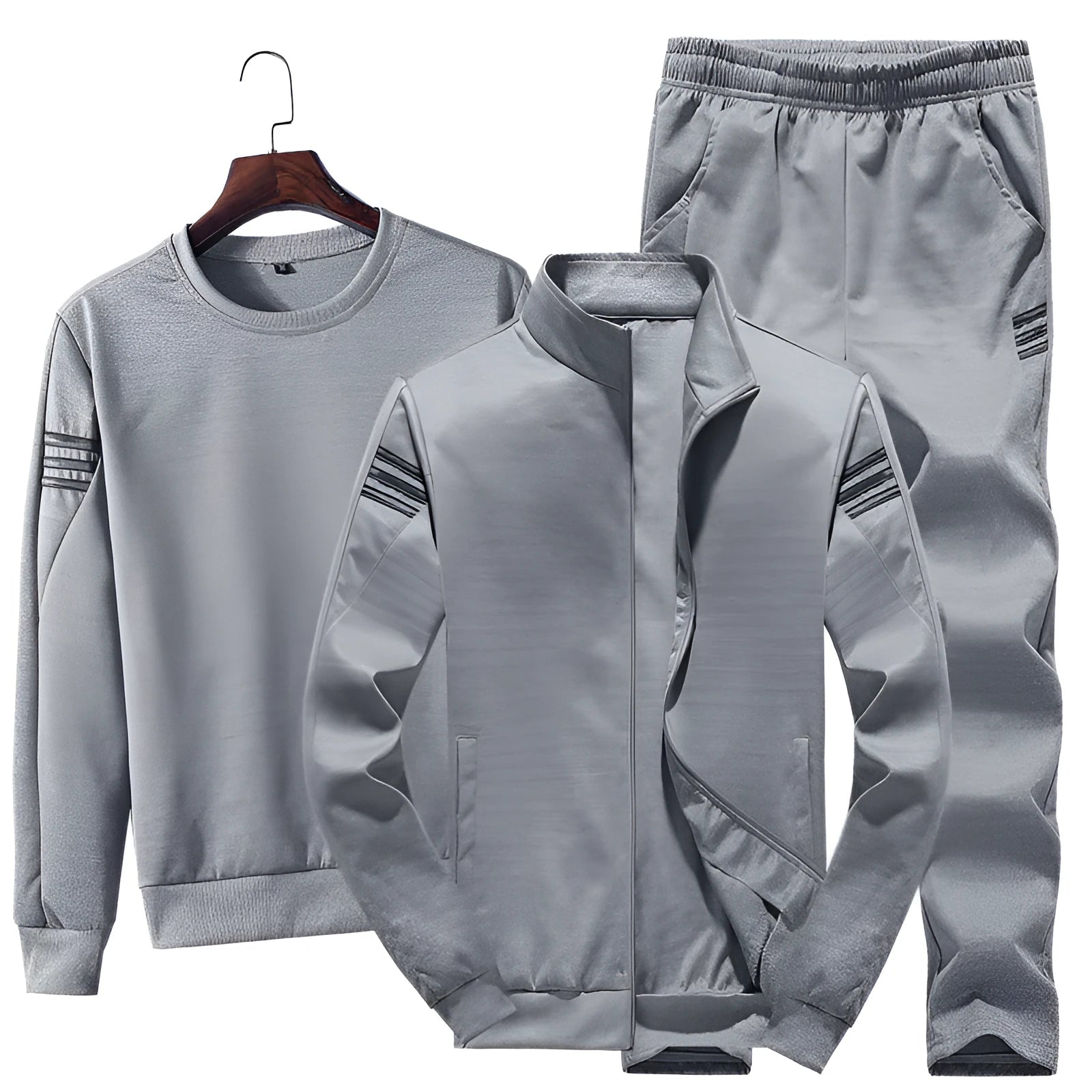 Men's three-piece leisure sports suit in gray, black, and dark blue polyester with top, jacket, and trousers, sizes M to XXXXL