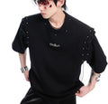 Women's black deconstruction t-shirt with a front lace-up cutout detail and short sleeves.