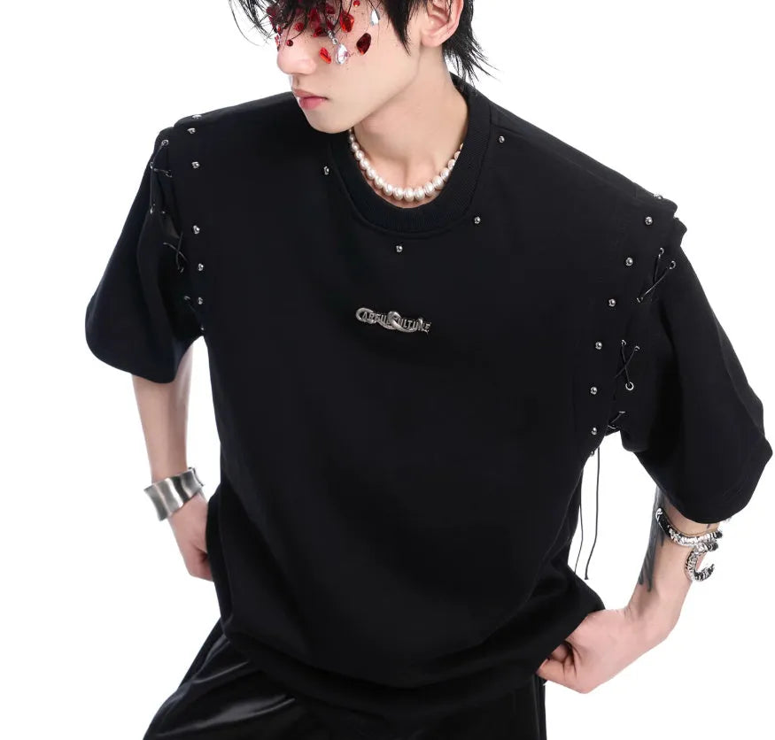 Women's black deconstruction t-shirt with a front lace-up cutout detail and short sleeves.