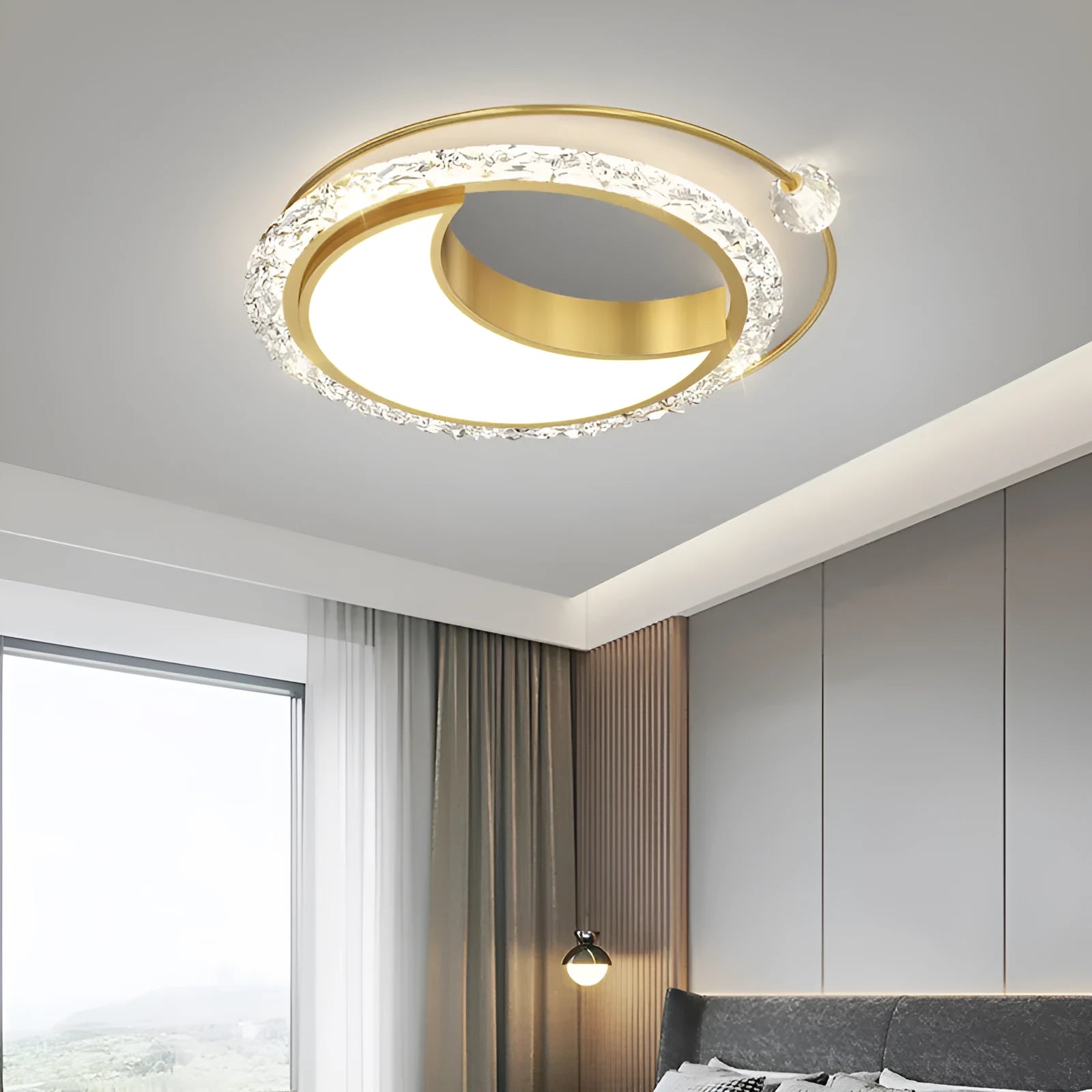 Modern round iron ceiling lamp in black finish mounted on a white ceiling.