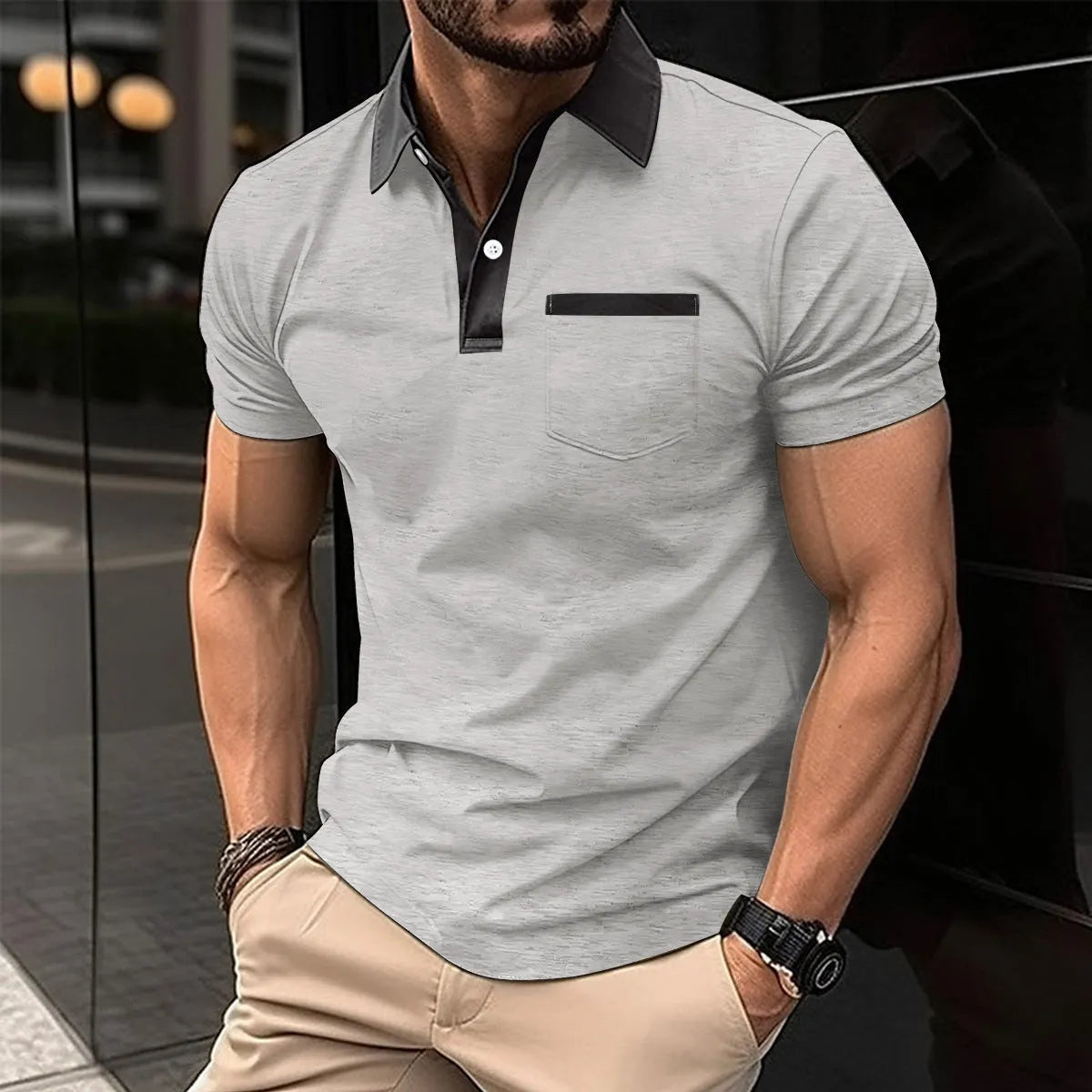 Men's lapel fashion slim pocket short-sleeved polo shirt in grey, cotton blend, loose fit
